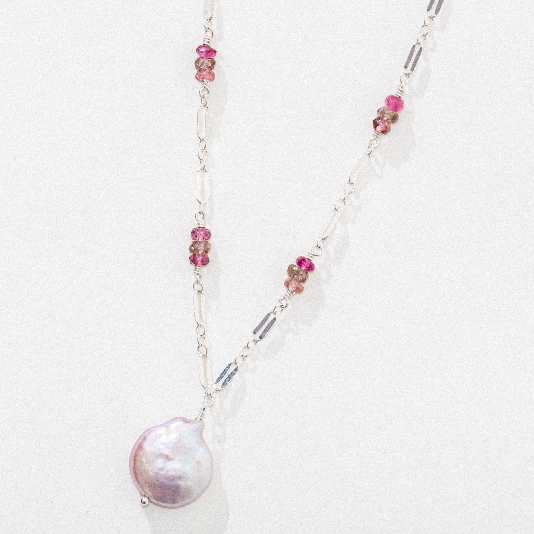 Silver Pink Coin Pearl & Tourmaline Necklace