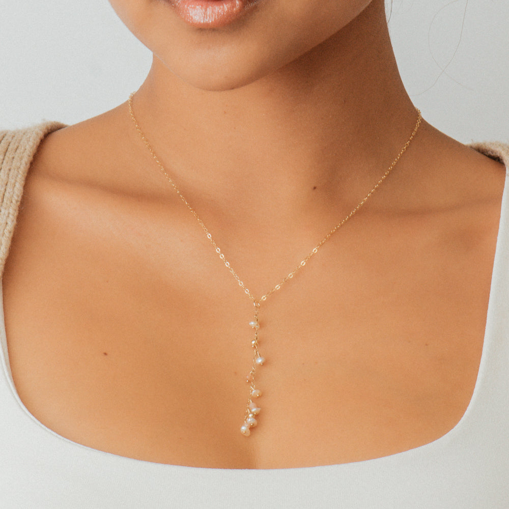 Gold Pearl and Peach Moonstone Drop Necklace