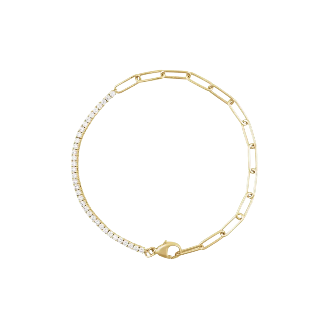 14K Yellow Solid Gold Clip & Natural Diamond Line Bracelet