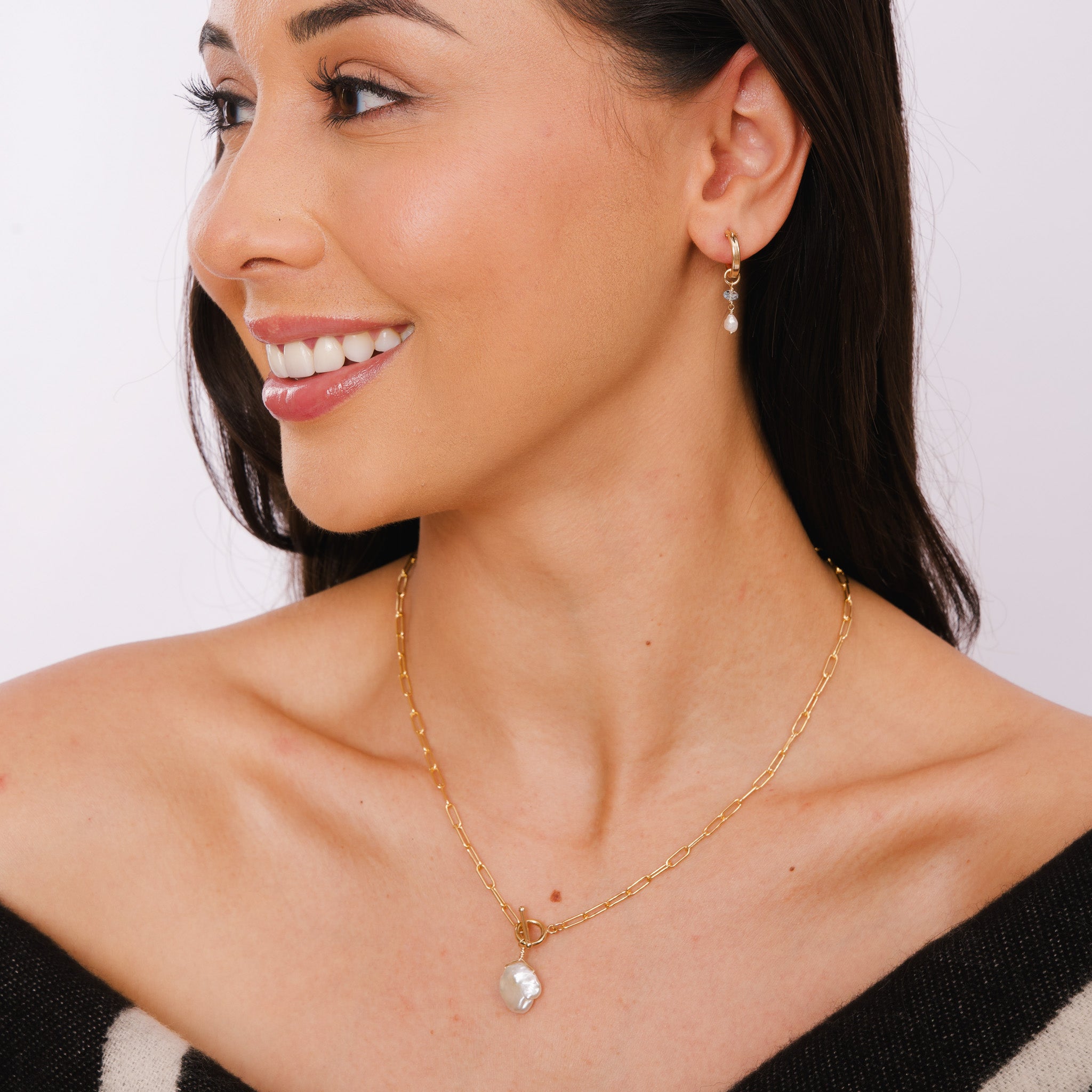 14K Gold Fill Hera Pearl Necklace with Toggle Clasp. Water proof and tarnish proof.