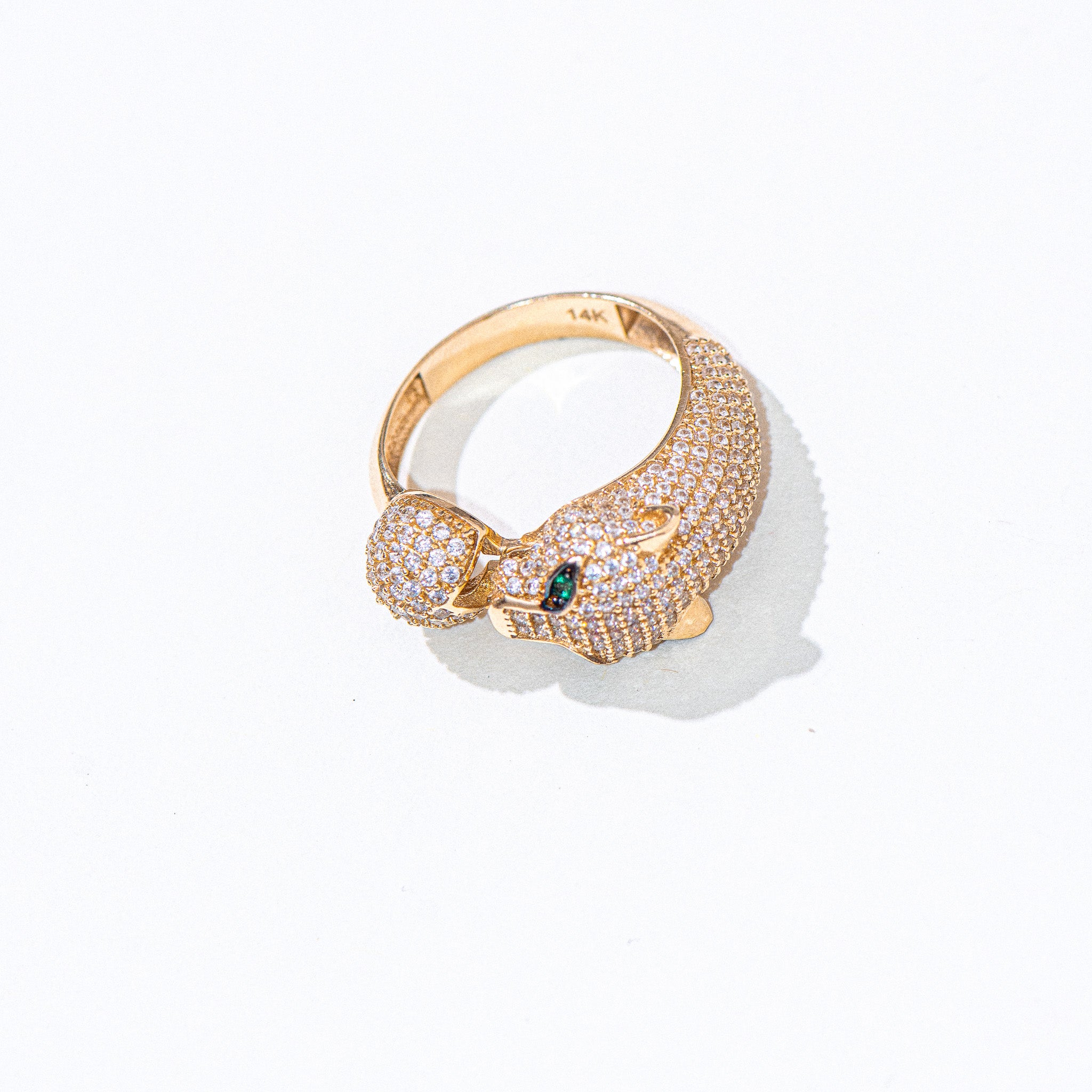 14K Yellow Gold Jaguar Ring with Emerald and CZ