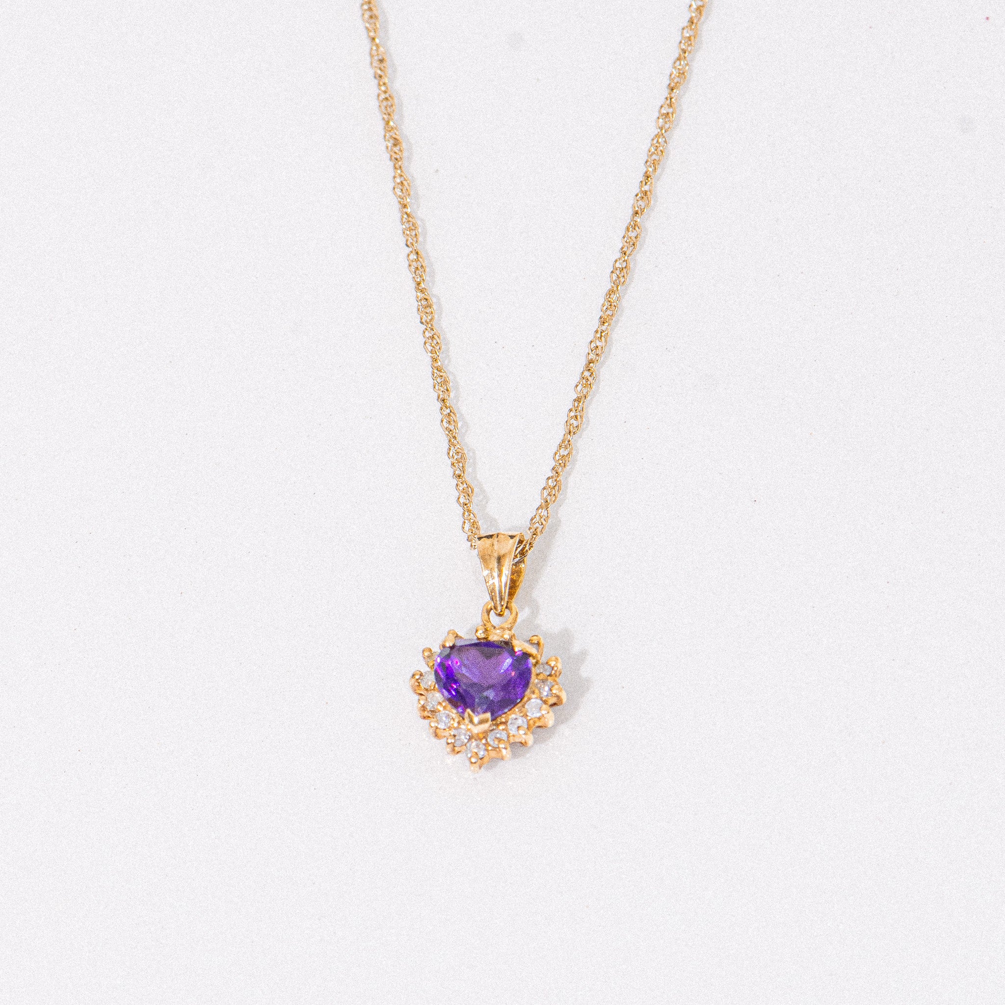 14k Yellow Gold Necklace w/ Heart Amethyst with Diamond Pendant