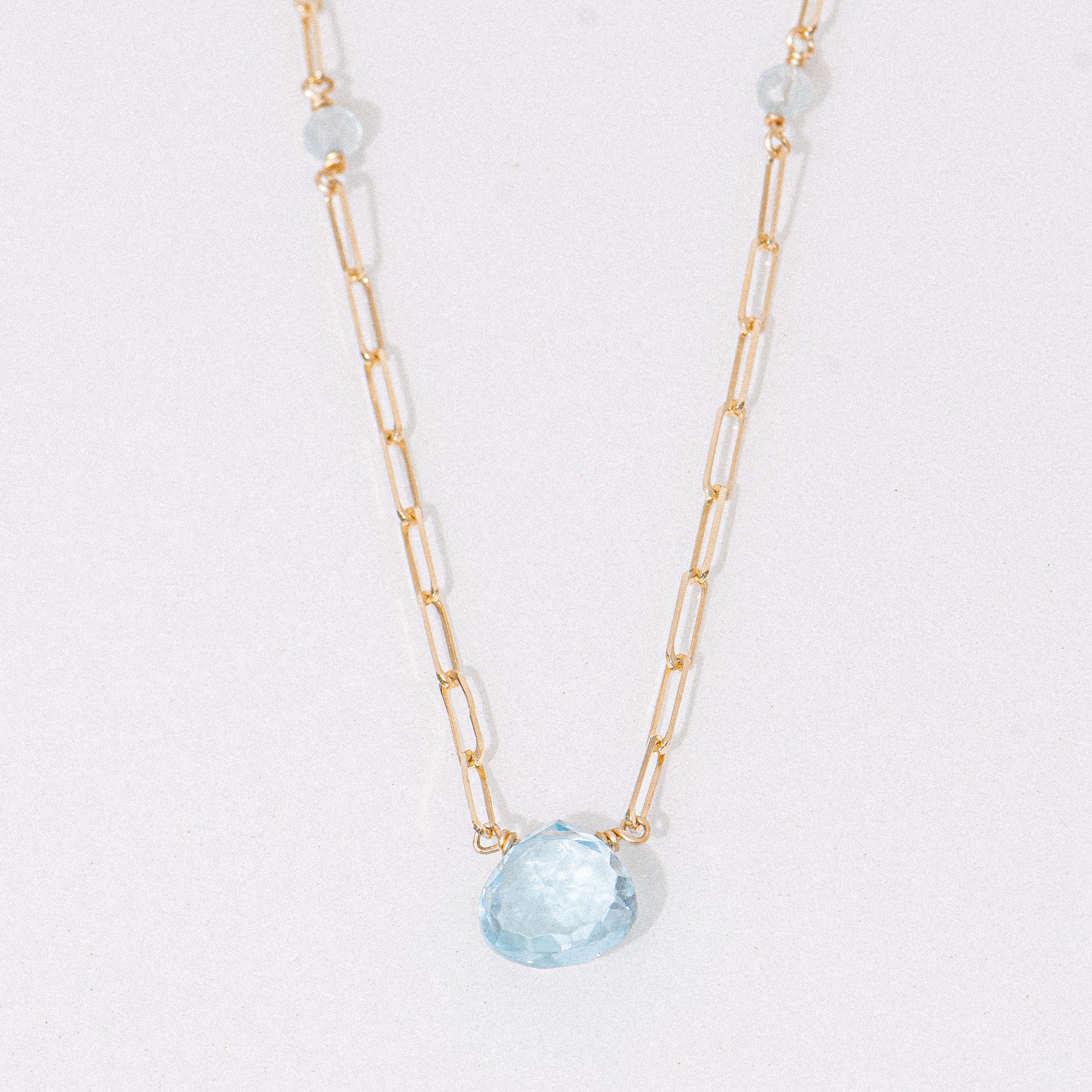 14K Yellow Gold Small Clip Chain Necklace w/ Blue Topaz and Aquamarine