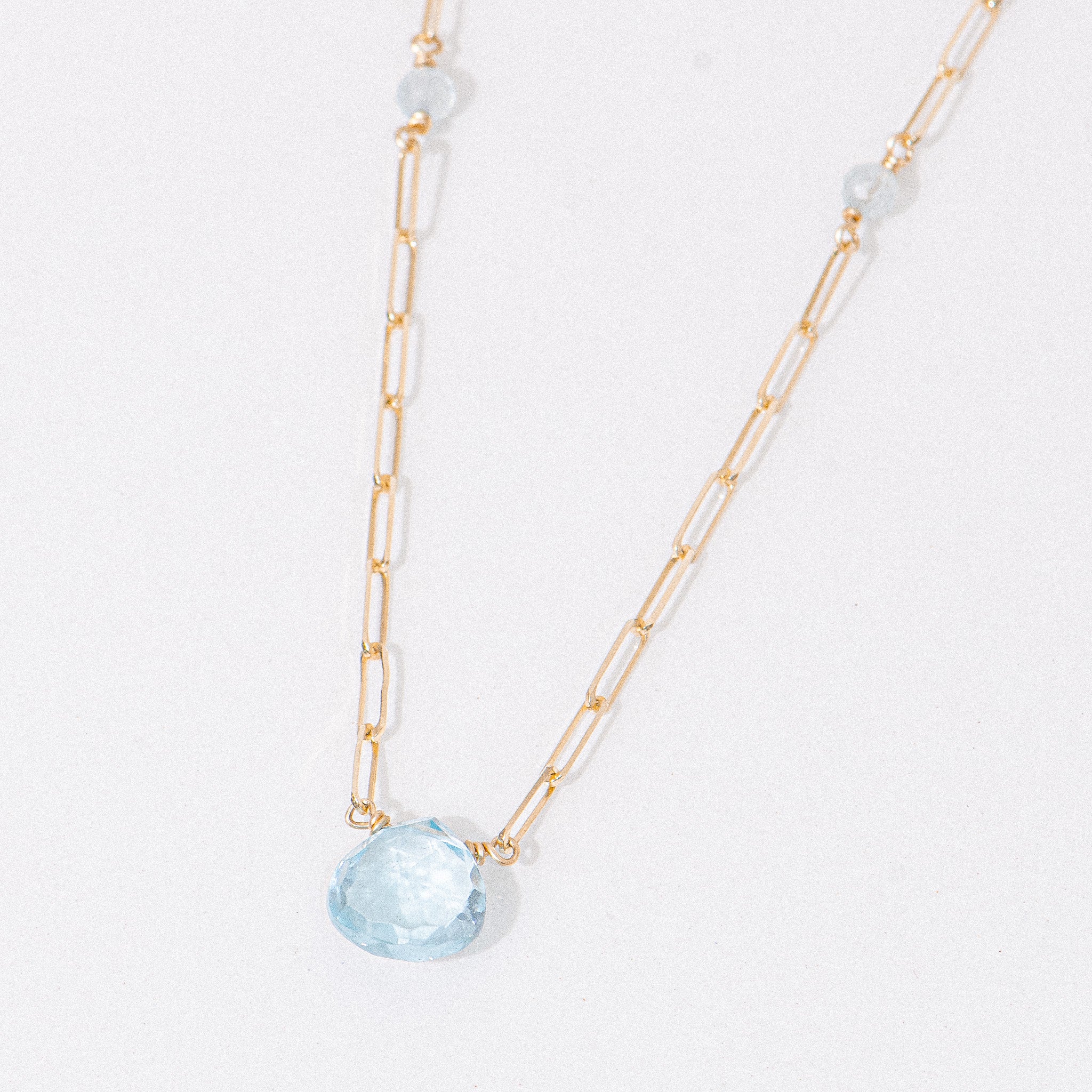 14K Yellow Gold Small Clip Chain Necklace w/ Blue Topaz and Aquamarine