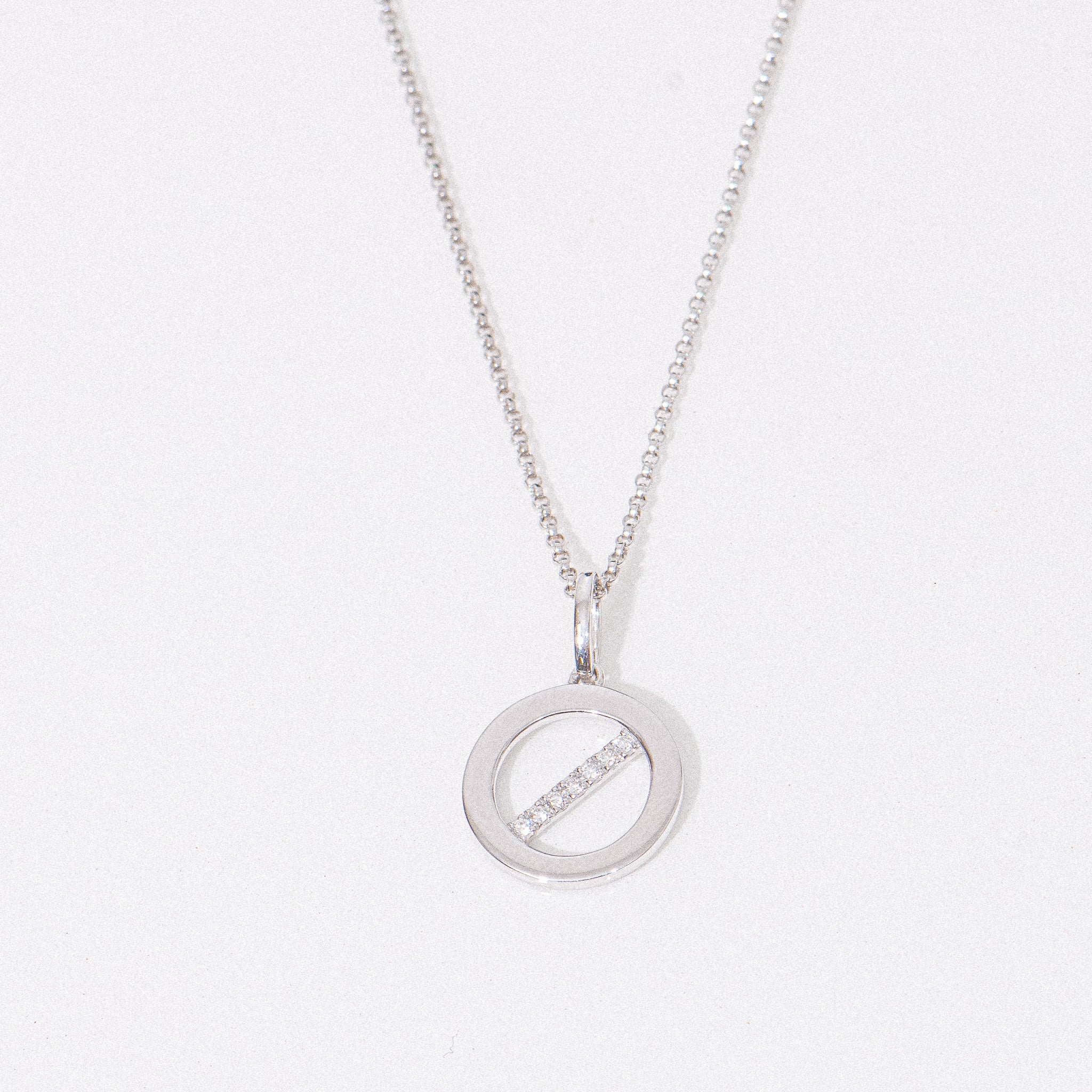 18K White Gold Thin Rolo Necklace w/ Diamond Circle Pendant