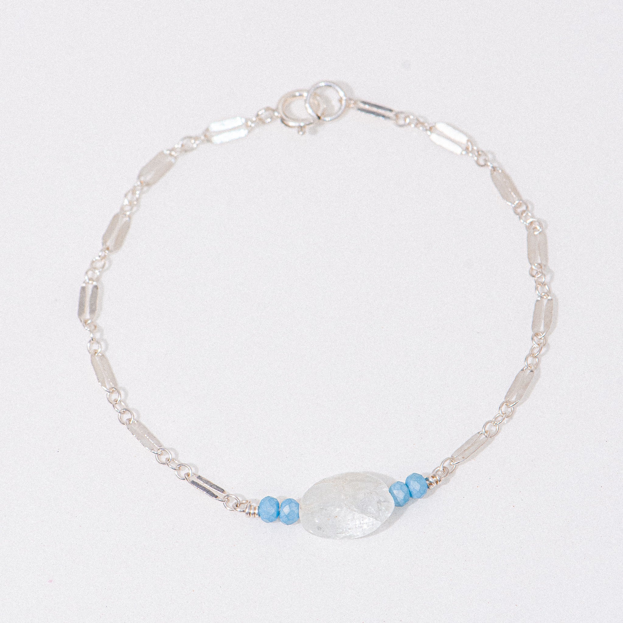 Silver Quartz and Blue Bead Bar Bracelet