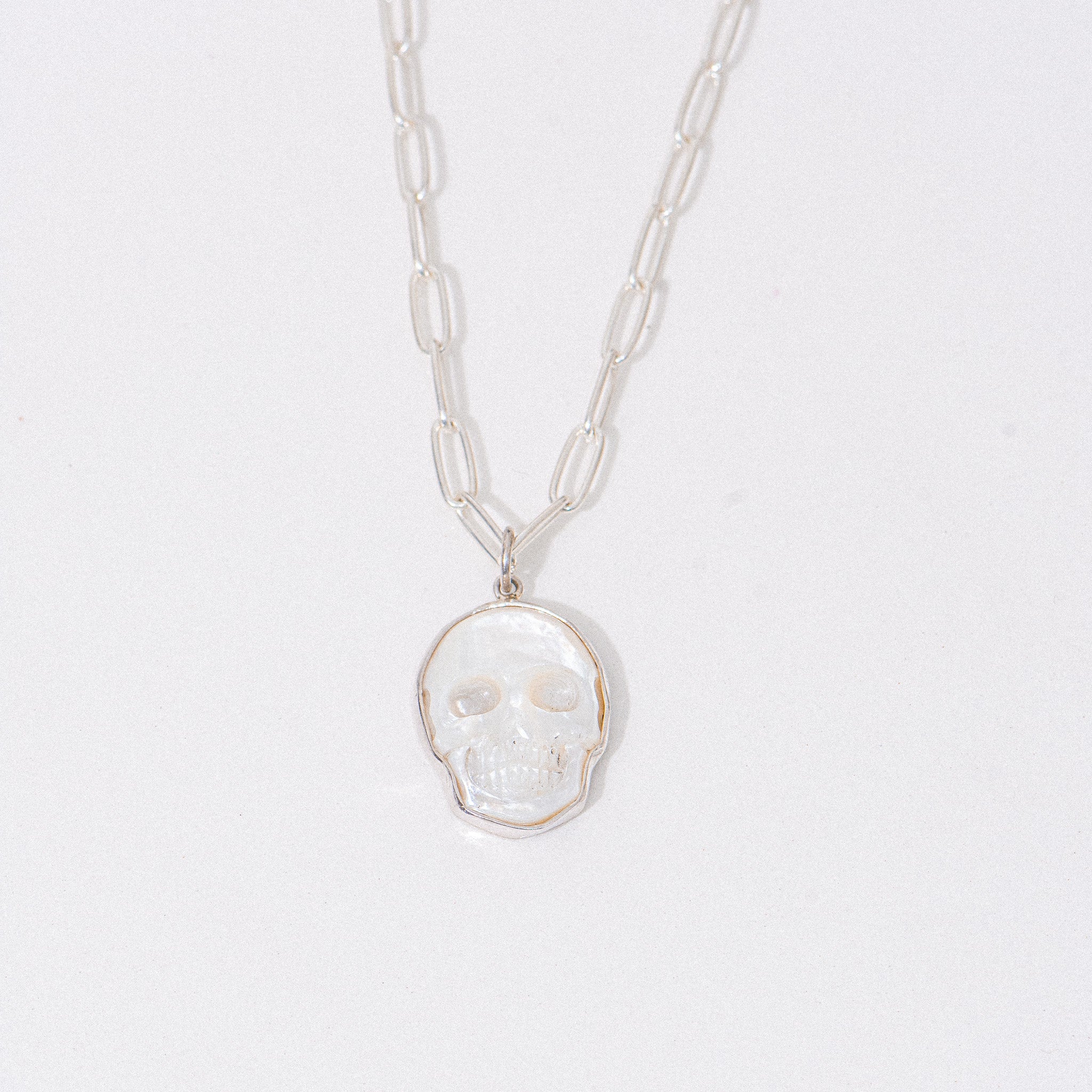 Silver Mother of Pearl Skull Necklace