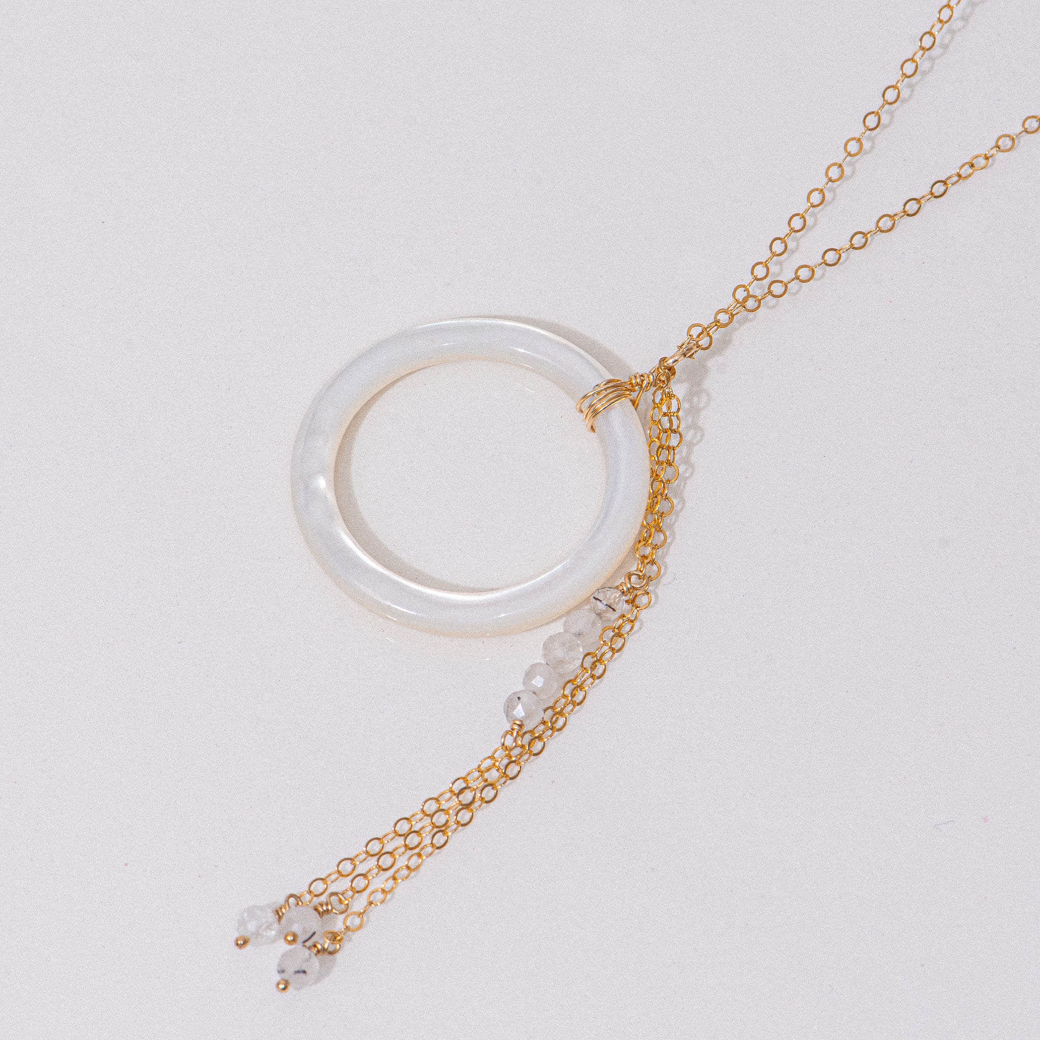 Gold Mother of Pearl and Herkimer Diamond Lariat Necklace