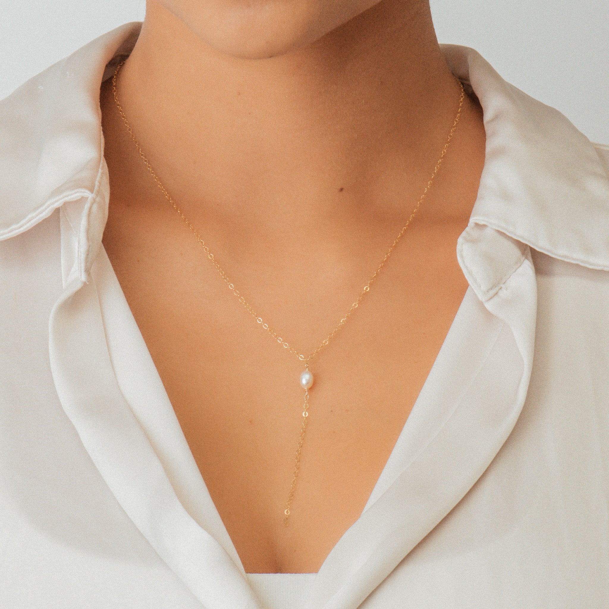 Gold Dainty Pearl Lariat Necklace