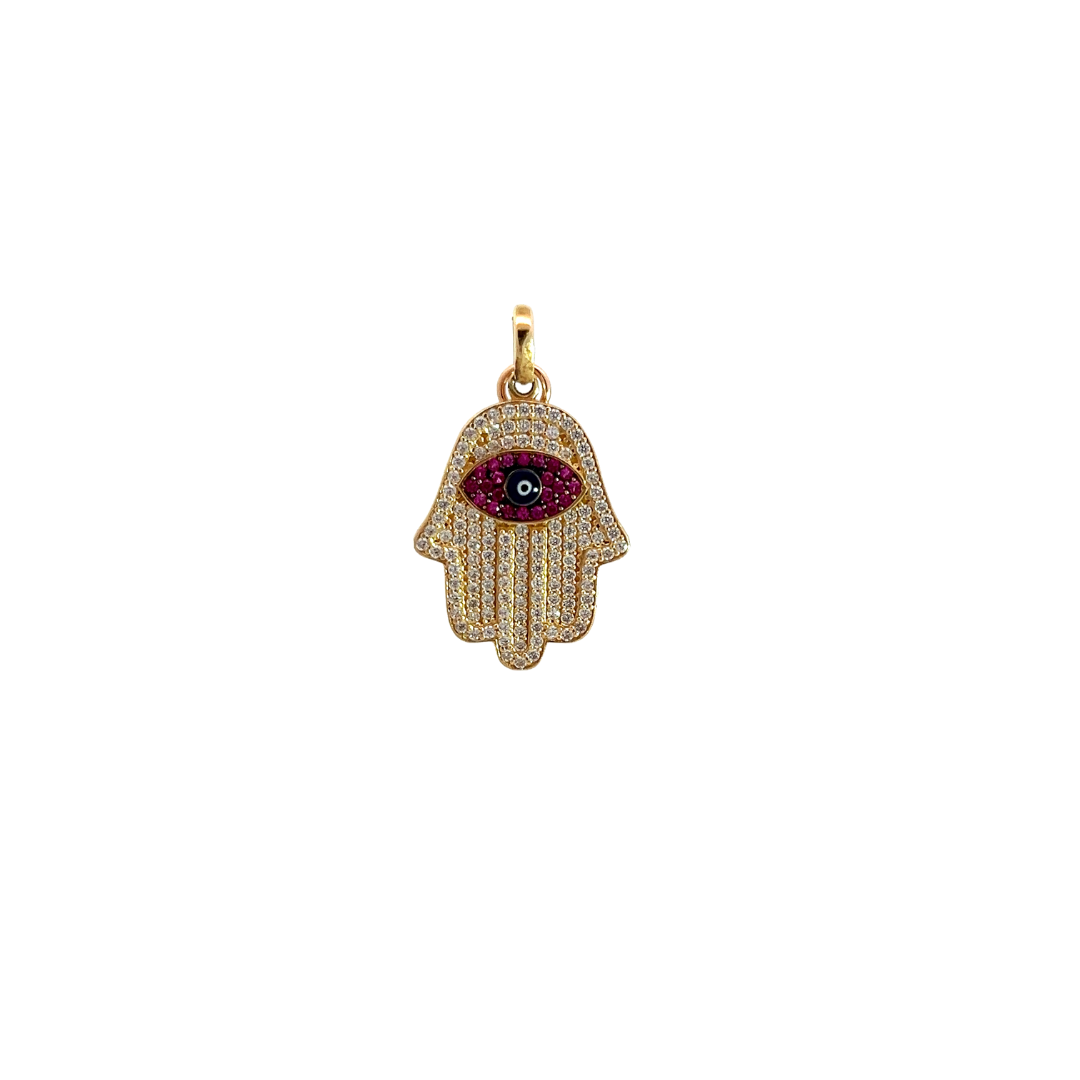 14K Solid Yellow Gold CZ Hamsa Hand Charm