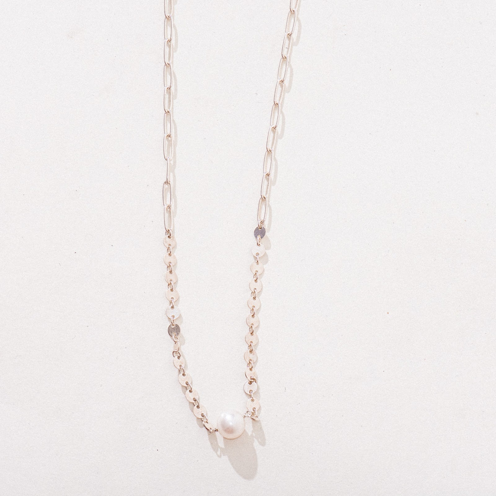 Silver Mixed Chain Pearl Bar Necklace