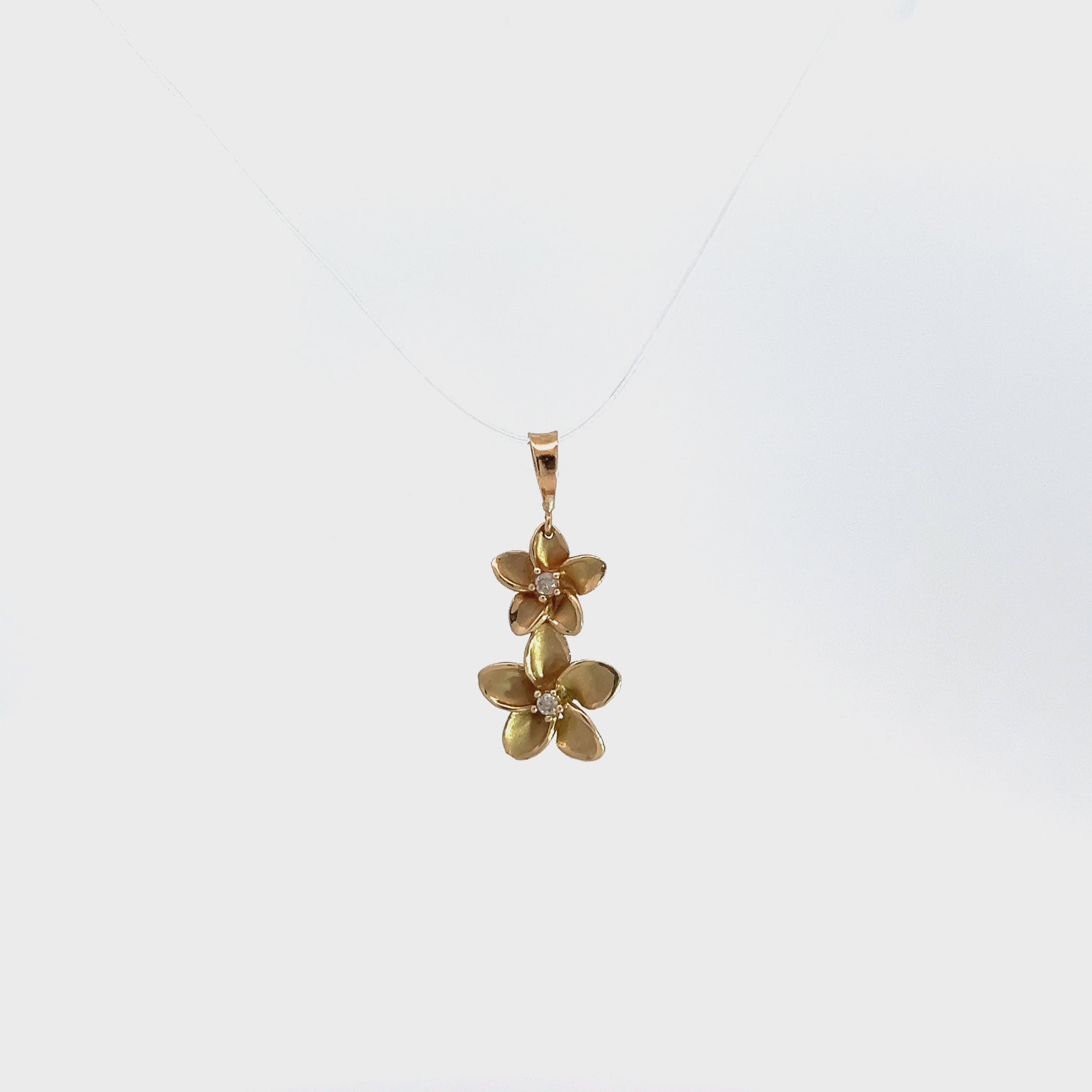 14K Yellow Gold Double Plumeria Diamond Drop Pendant