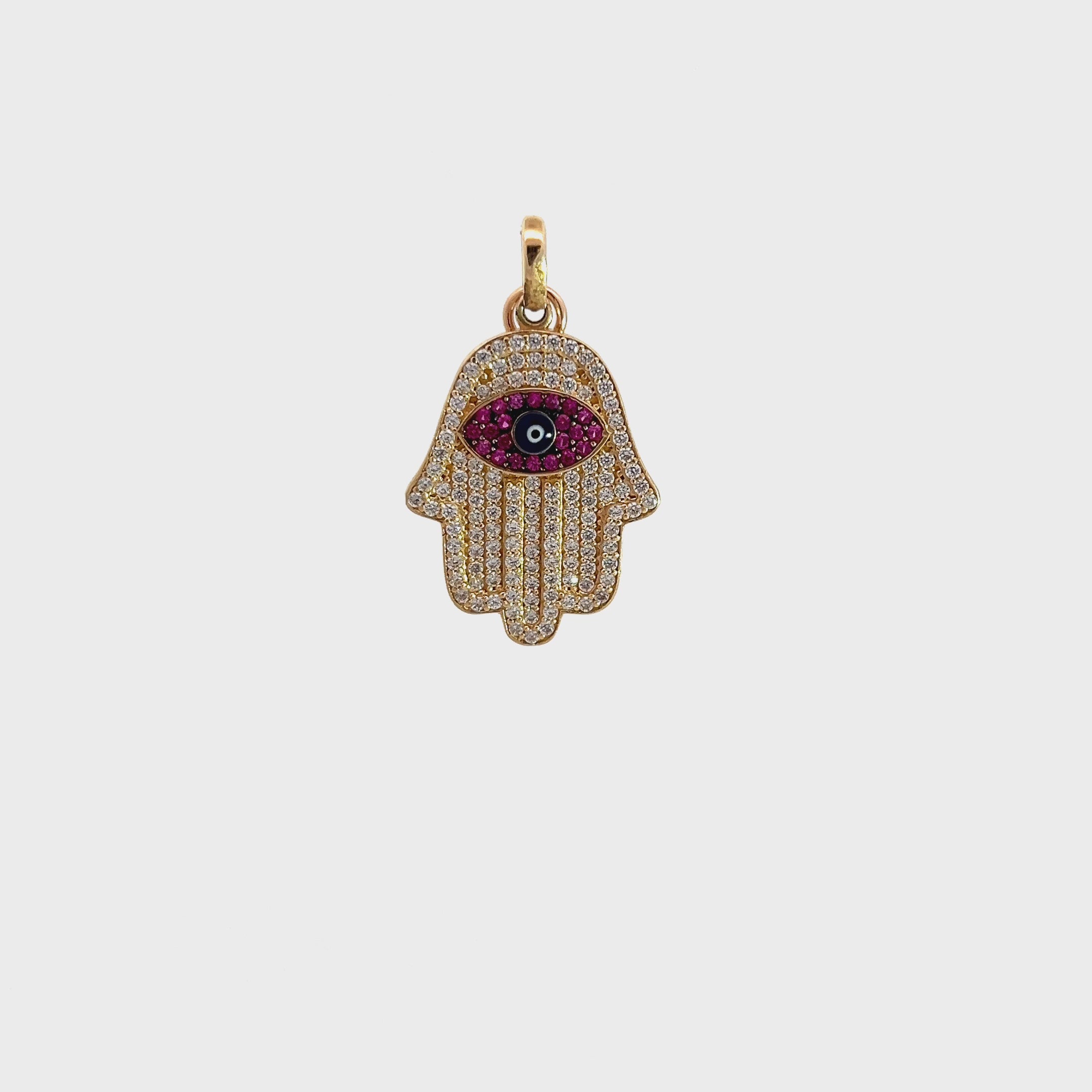 14K Solid Yellow Gold CZ Hamsa Hand Charm