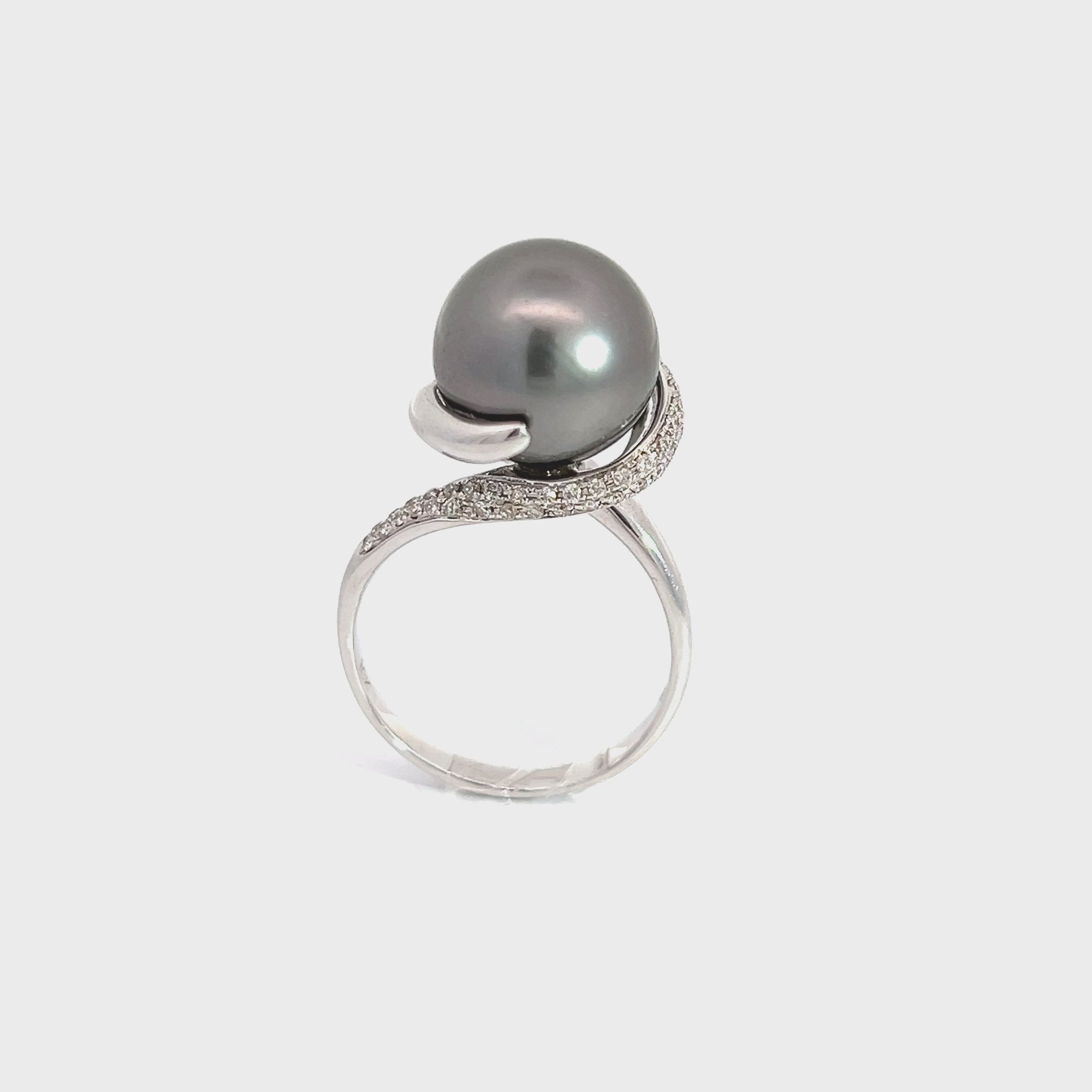 18K White Gold Tahitian Pearl Pave Diamond Swirl Ring