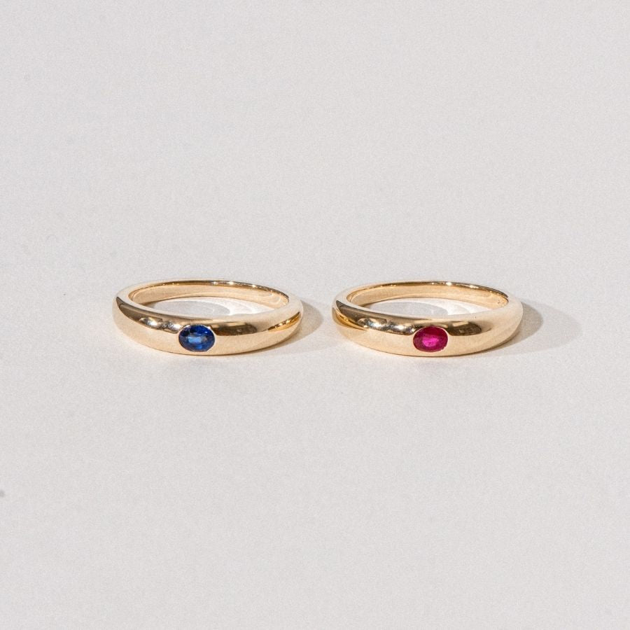 14K Solid Gold Precious Stone Dome Ring available in Ruby and Sapphire.