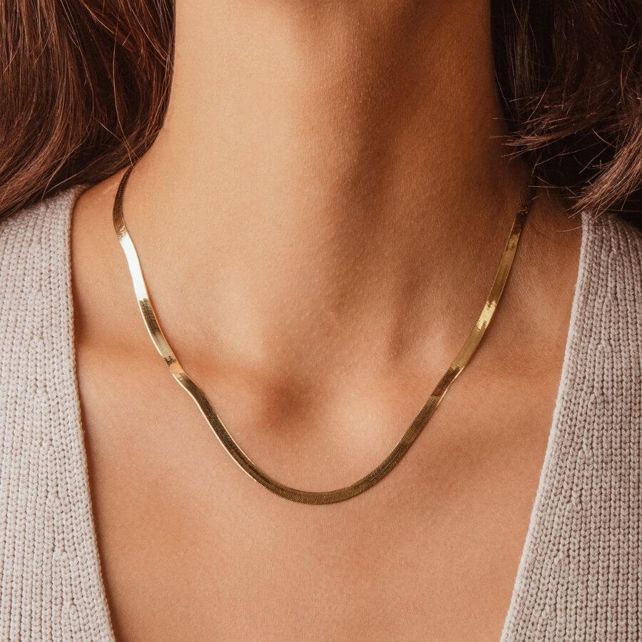 Thick 4mm Herringbone Solid Gold Necklace 2